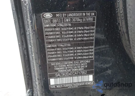 2012 Land Rover Range Rover Sport Hse из США, поврежденный, VIN SALSK2D47CA717952